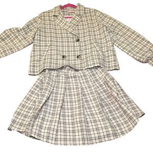 Vintage Style Plaid Two-Piece Suit Set with Pleated Skirt and‎ Cropped Jacket